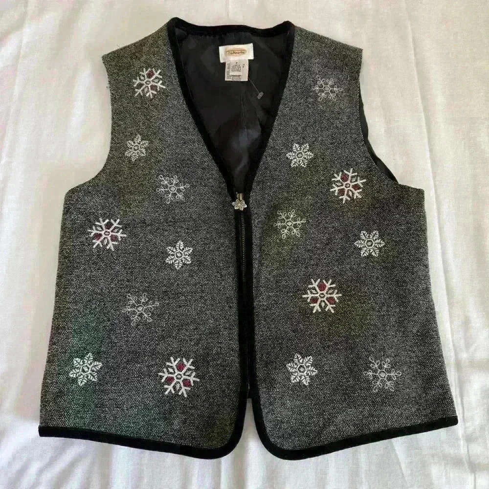 Vintage Talbots Snowflake Full Zip Vest Gray Size Small Embroidery Winter Casual